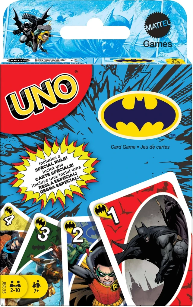 Main image of Mattel Games UNO Batman Card Game for Kids, Adults & Family with Collectible Deck & Special Rule Inspired by Batman Comics