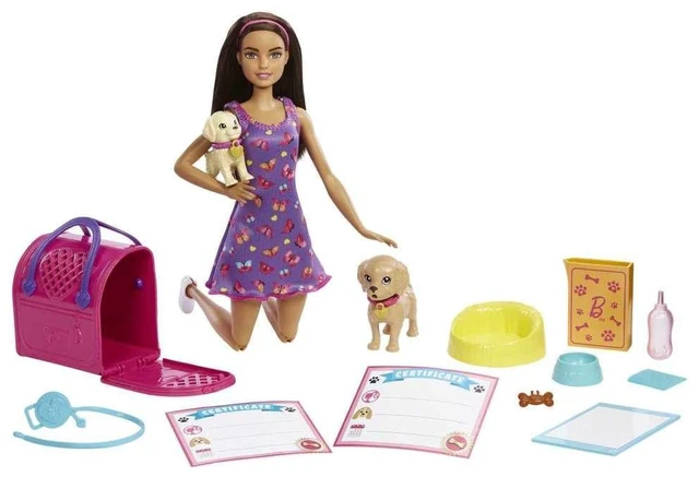 Main image of Barbie Pup Adoption Doll & Accessories Set with Color-Change, 2 Pets, Carrier & 10 Accessories, Brunette in Purple Dress