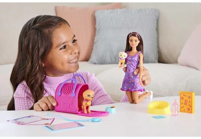 Alt view image 2 of 7 - Barbie Pup Adoption Doll & Accessories Set with Color-Change, 2 Pets, Carrier & 10 Accessories, Brunette in Purple Dress