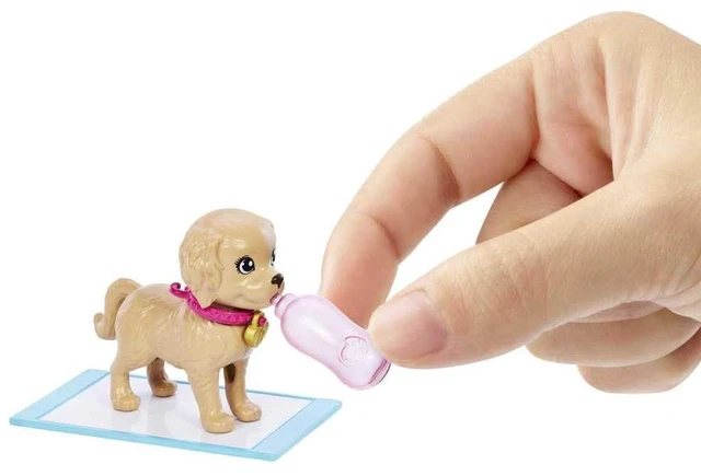 Alt view image 4 of 7 - Barbie Pup Adoption Doll & Accessories Set with Color-Change, 2 Pets, Carrier & 10 Accessories, Brunette in Purple Dress