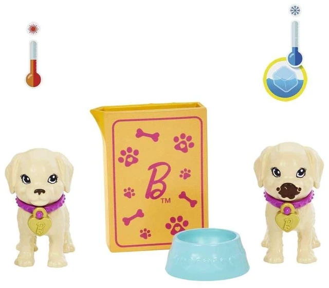 Alt view image 7 of 7 - Barbie Pup Adoption Doll & Accessories Set with Color-Change, 2 Pets, Carrier & 10 Accessories, Brunette in Purple Dress