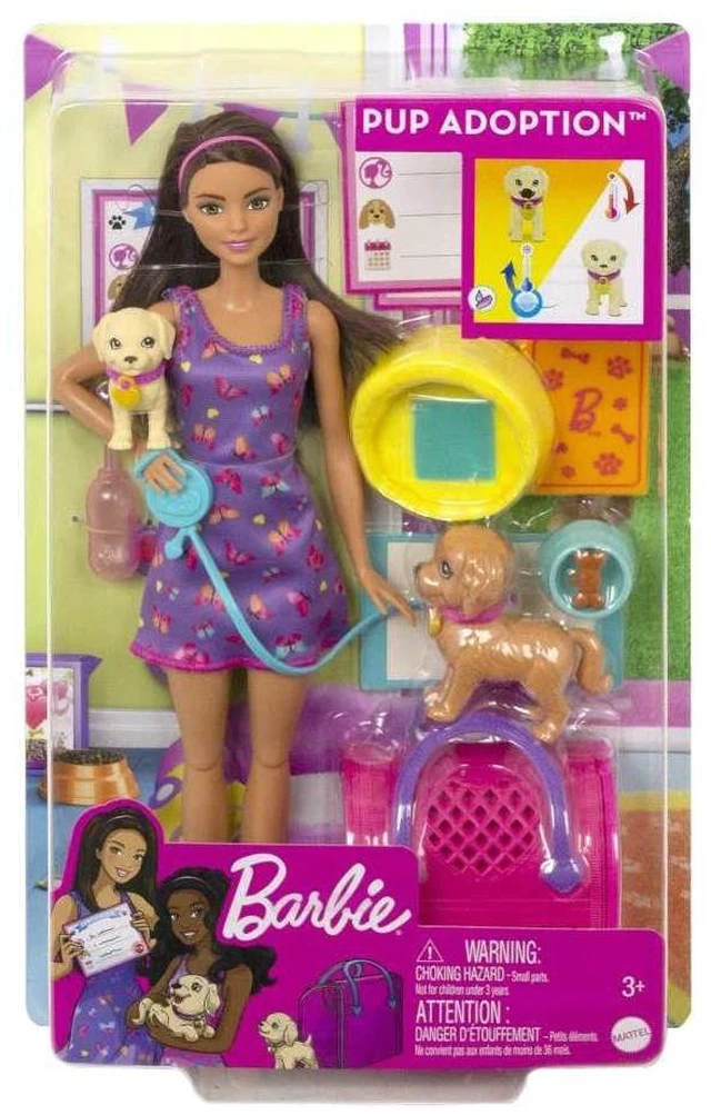 Alt view image 6 of 7 - Barbie Pup Adoption Doll & Accessories Set with Color-Change, 2 Pets, Carrier & 10 Accessories, Brunette in Purple Dress