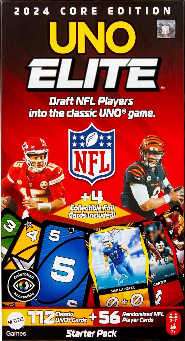 Main image of Mattel Games UNO Elite NFL Card Game, 2024 Officially Licensed Core Edition with 4 Collectible Foil Cards Featuring Team Players