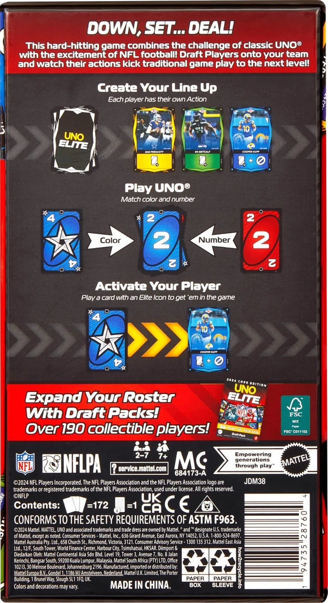 Alt view image 6 of 6 - Mattel Games UNO Elite NFL Card Game, 2024 Officially Licensed Core Edition with 4 Collectible Foil Cards Featuring Team Players