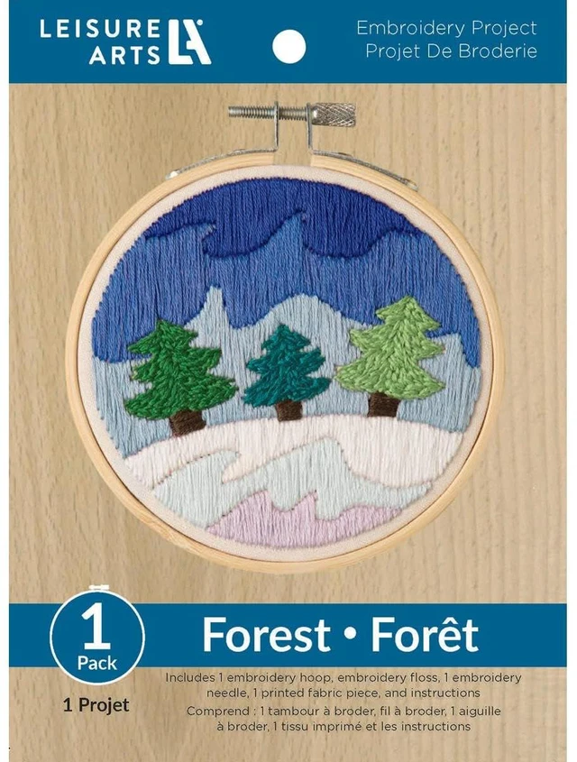 Main image of Leisure Arts Embroidery Kit 4" Snowy Forest (French) - Embroidery Kit for Beginners and Adults, Cross Stitch Kits with Patterns, DIY Starter Set for Seasonal Craft Projects
