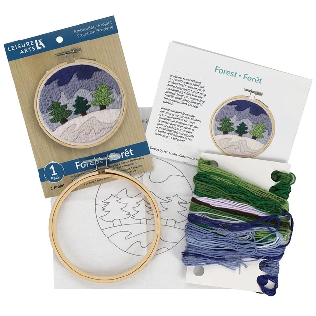 Alt view image 5 of 7 - Leisure Arts Embroidery Kit 4" Snowy Forest (French) - Embroidery Kit for Beginners and Adults, Cross Stitch Kits with Patterns, DIY Starter Set for Seasonal Craft Projects