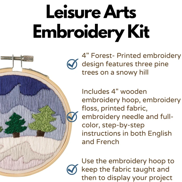 Alt view image 2 of 7 - Leisure Arts Embroidery Kit 4" Snowy Forest (French) - Embroidery Kit for Beginners and Adults, Cross Stitch Kits with Patterns, DIY Starter Set for Seasonal Craft Projects