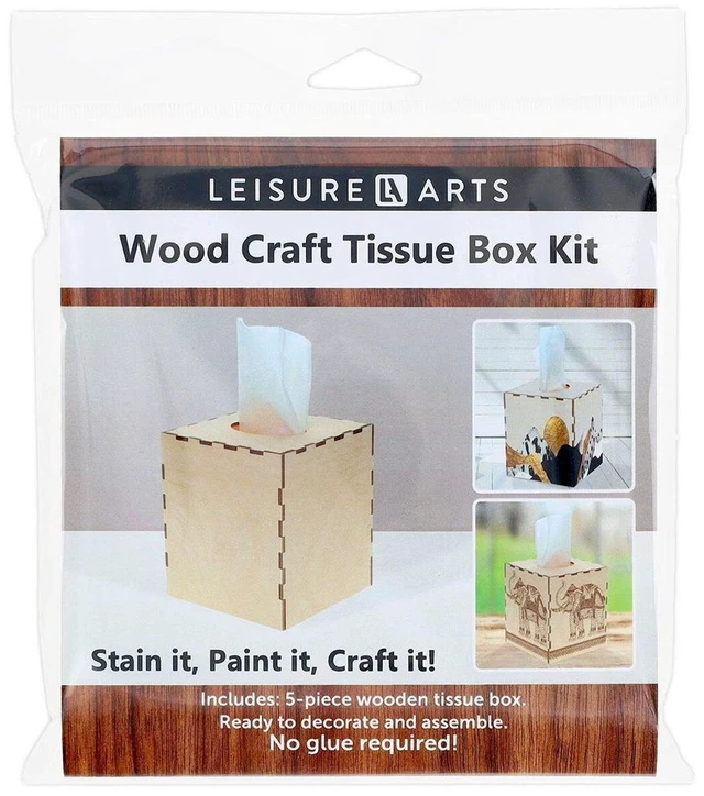 Main image of Leisure Arts Wood Tissue Box Square 5.68"X5"X5", Craft Kit, Unfinished Wood Box
