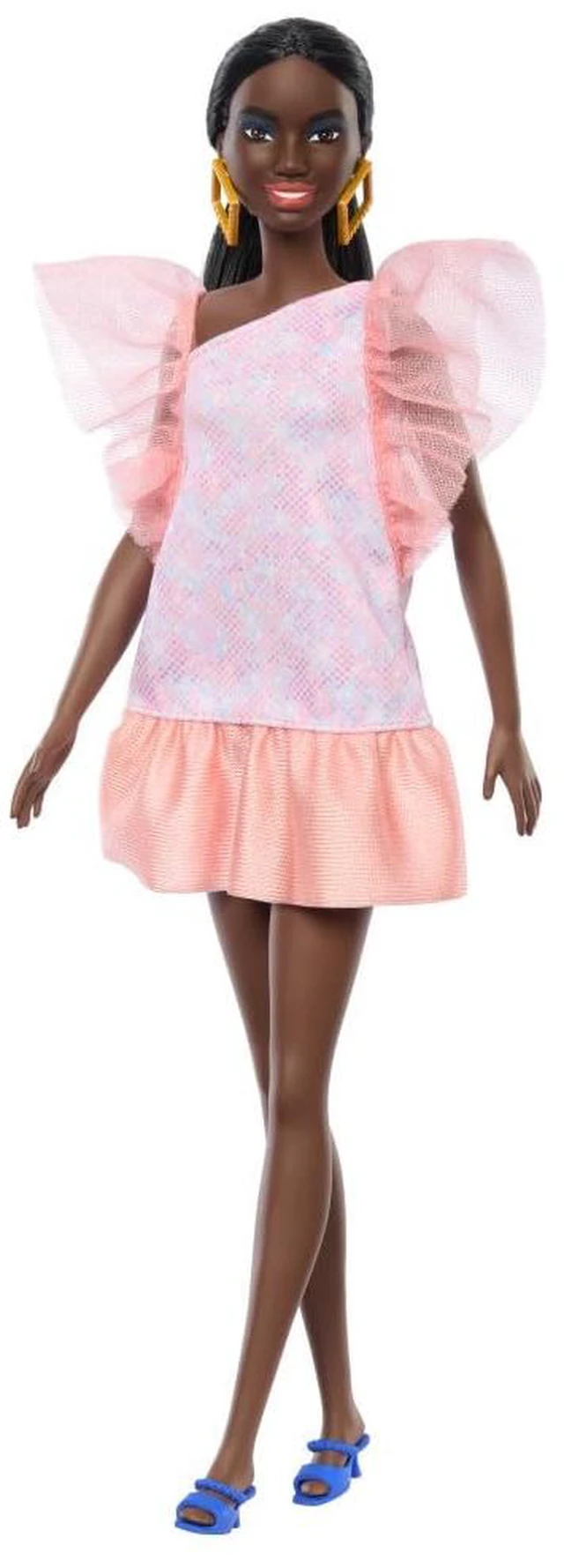 Main image of Barbie Fashionistas Doll #216 with Tall Body & Black Hair in Low Ponytail in Pink & Peach Party Dress, 65th Anniversary Collectible Toy