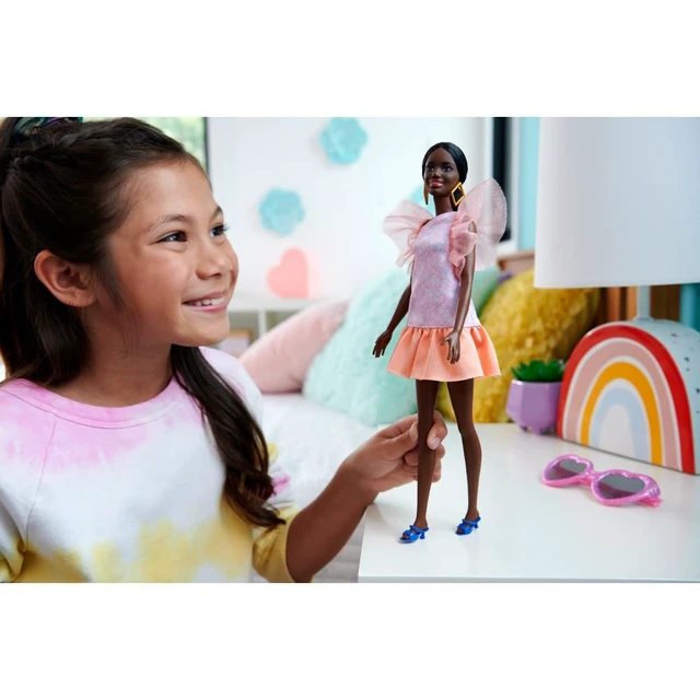 Alt view image 2 of 6 - Barbie Fashionistas Doll #216 with Tall Body & Black Hair in Low Ponytail in Pink & Peach Party Dress, 65th Anniversary Collectible Toy