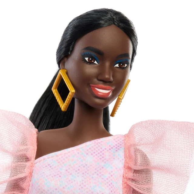 Alt view image 3 of 6 - Barbie Fashionistas Doll #216 with Tall Body & Black Hair in Low Ponytail in Pink & Peach Party Dress, 65th Anniversary Collectible Toy