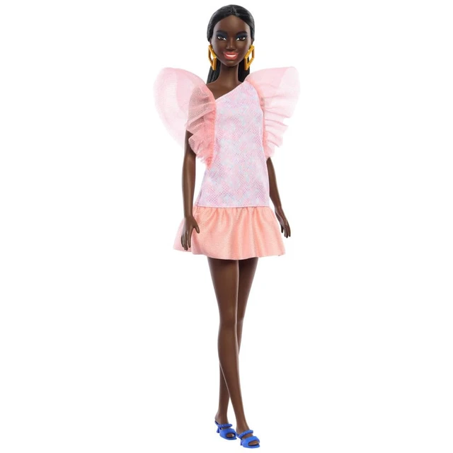 Alt view image 4 of 6 - Barbie Fashionistas Doll #216 with Tall Body & Black Hair in Low Ponytail in Pink & Peach Party Dress, 65th Anniversary Collectible Toy