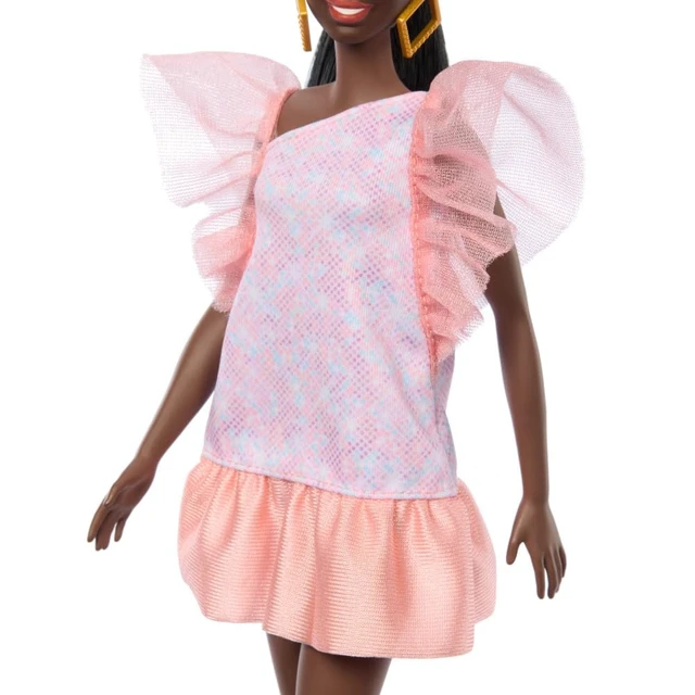 Alt view image 5 of 6 - Barbie Fashionistas Doll #216 with Tall Body & Black Hair in Low Ponytail in Pink & Peach Party Dress, 65th Anniversary Collectible Toy