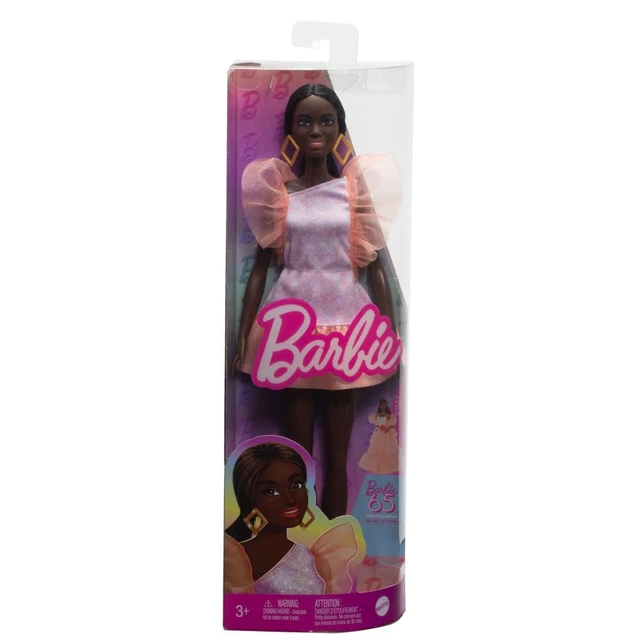 Alt view image 6 of 6 - Barbie Fashionistas Doll #216 with Tall Body & Black Hair in Low Ponytail in Pink & Peach Party Dress, 65th Anniversary Collectible Toy