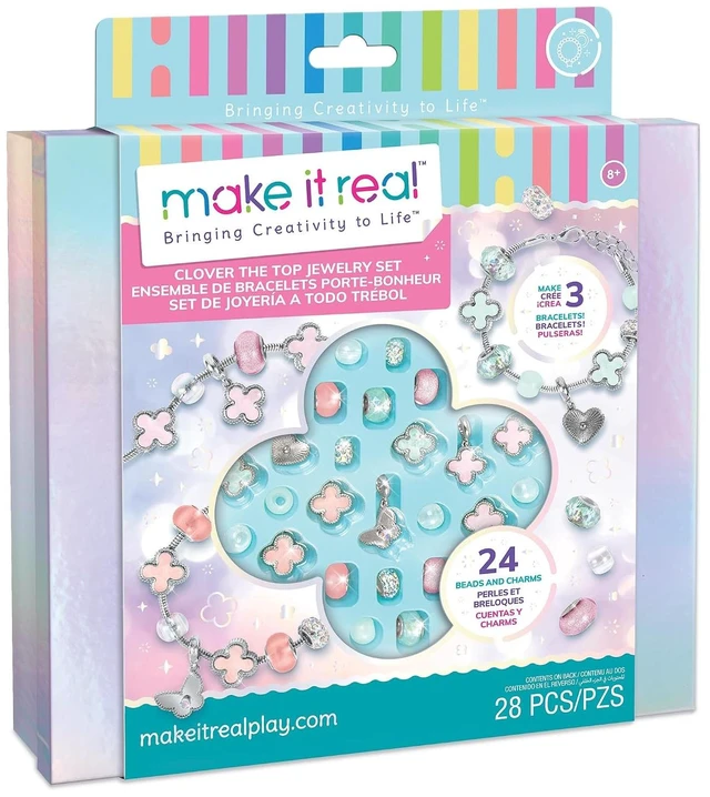 Main image of Make It Real: Clover The Top - 28 pc DIY Jewelry Set, Design & Create 3 Bracelets, Soft Pastel Beads & Charms, Jewelry Craft Kit, Girls & Kids 8+