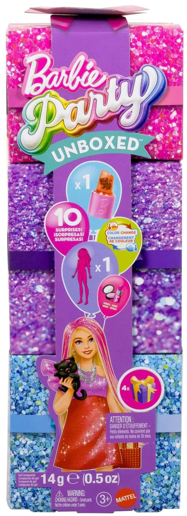 Main image of Barbie Party Unboxed Doll & Accessories, Glam Party Series with 10 Surprises Including Color-Change, Red Sparkle Doll