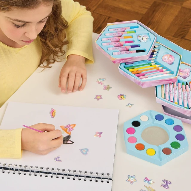 Alt view image 5 of 6 - Make It Real: Creative Heart Art Set - 68pc Supplies Kit, Hexagon Stacked Trays Studio, Watercolors-Color Pencils-Markers-Stickers, Tween-Girl-Kids 6+
