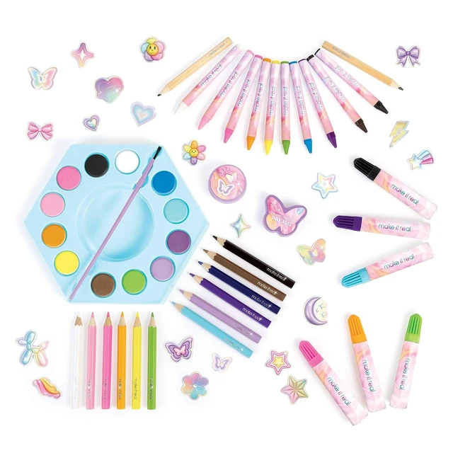 Alt view image 3 of 6 - Make It Real: Creative Heart Art Set - 68pc Supplies Kit, Hexagon Stacked Trays Studio, Watercolors-Color Pencils-Markers-Stickers, Tween-Girl-Kids 6+