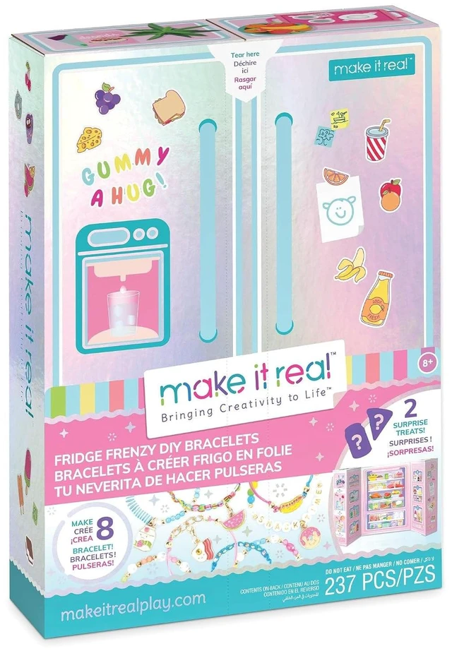 Main image of Make It Real: Fridge Frenzy DIY Bracelets - 237pc Jewelry Kit, Make & Design 8 Bracelets, 200+ Beads, Sweets & FoodThemed Charms, Tweens-Girls-Kids 8+