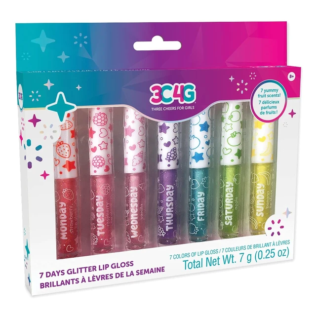 Main image of Make It Real 3C4G 7 Days Glitter Lip Gloss - Flavored Lip Gloss Set for Girls - Strawberry, Raspberry, Vanilla and More! - 7 Piece Lip Gloss Kit