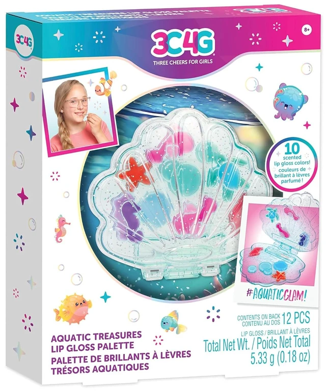 Main image of 3C4G: Aquatic Treasures Lip Gloss Palette - Portable Clam-Shaped Case, 10 Fruity Strawberry-Scented Colors, Three Cheers For Girls, Kids Ages 8+