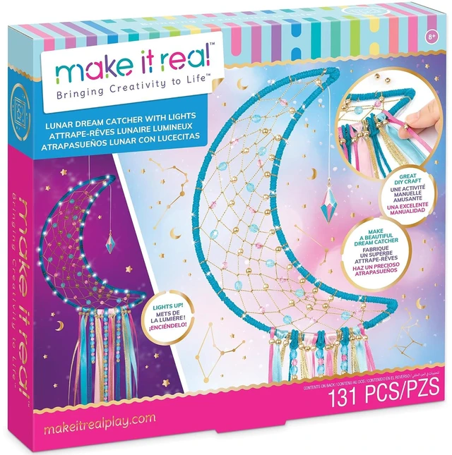 Main image of Make It Real: Lunar Dream Catcher with Lights - 131pc DIY Décor Craft Kit, Blue-Gold-Pink, Moon-Shaped, Fairy Lights-Yarn-Ribbon, Tweens-Girls-Kids 8+