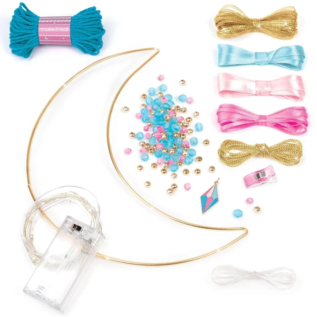 Alt view image 2 of 7 - Make It Real: Lunar Dream Catcher with Lights - 131pc DIY Décor Craft Kit, Blue-Gold-Pink, Moon-Shaped, Fairy Lights-Yarn-Ribbon, Tweens-Girls-Kids 8+