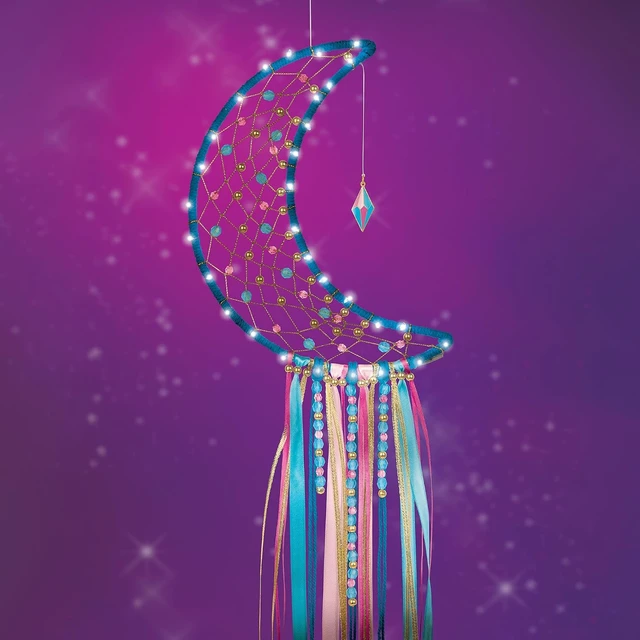 Alt view image 3 of 7 - Make It Real: Lunar Dream Catcher with Lights - 131pc DIY Décor Craft Kit, Blue-Gold-Pink, Moon-Shaped, Fairy Lights-Yarn-Ribbon, Tweens-Girls-Kids 8+