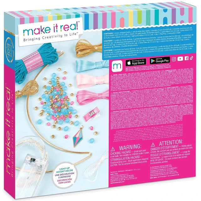 Alt view image 4 of 7 - Make It Real: Lunar Dream Catcher with Lights - 131pc DIY Décor Craft Kit, Blue-Gold-Pink, Moon-Shaped, Fairy Lights-Yarn-Ribbon, Tweens-Girls-Kids 8+