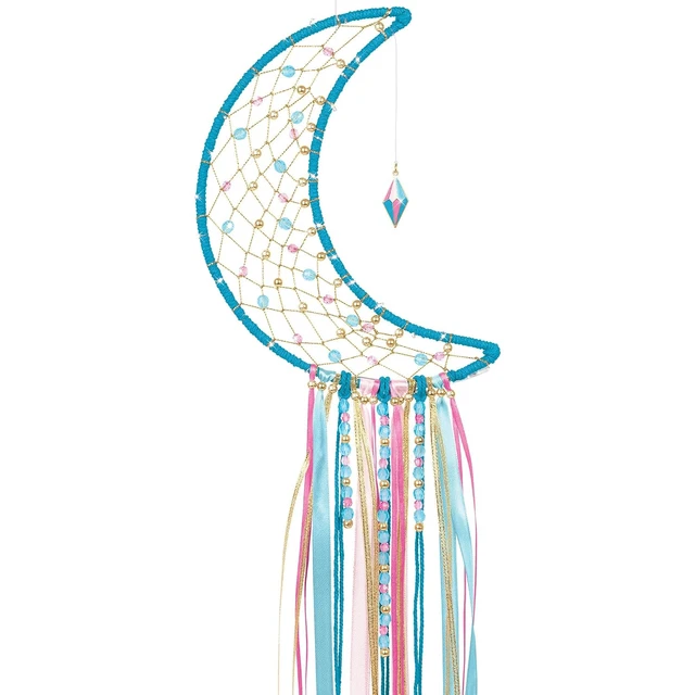 Alt view image 6 of 7 - Make It Real: Lunar Dream Catcher with Lights - 131pc DIY Décor Craft Kit, Blue-Gold-Pink, Moon-Shaped, Fairy Lights-Yarn-Ribbon, Tweens-Girls-Kids 8+