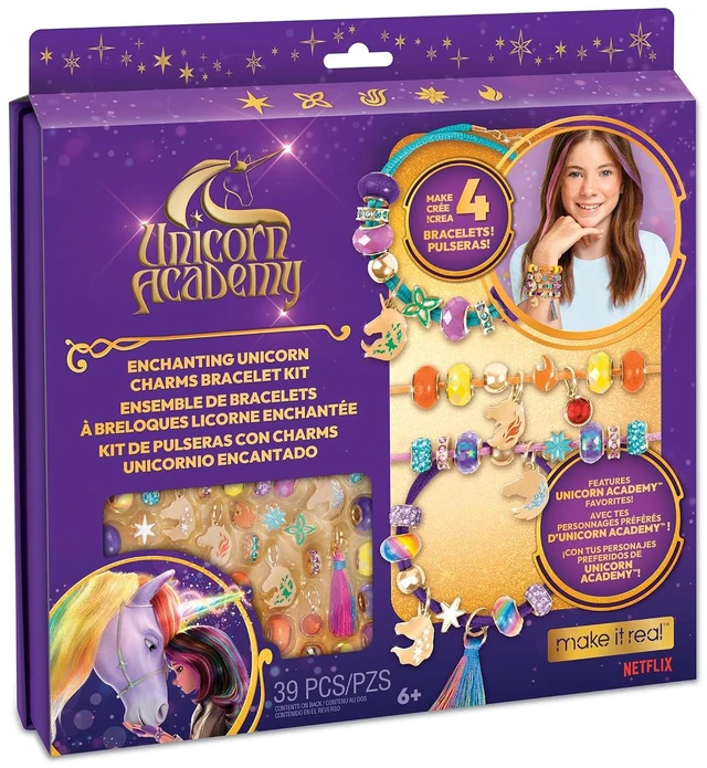Main image of Make It Real: Unicorn Academy: Enchanting Unicorn Charms Bracelet Kit - 39pc DIY Jewelry Craft, Make 4 Charm & Bead Bracelets, Netflix Series, Kids 8+