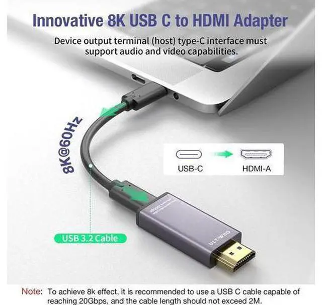 Alt view image 2 of 7 - USB C to HDMI 2.1 Adapter, 8K@60Hz USB-C Female to HDMI Male Converter, Support 8K, 4K@120Hz, 2K@240Hz, HDR, VRR, FreeSync, Type C Thunderbolt 3/4 Compatible for Steam Deck, MacBook, iPad Pro, Dell