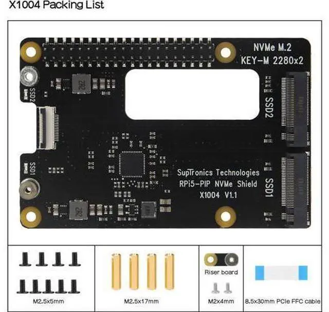 Alt view image 2 of 7 - X1004 PCIe to Dual M.2 HAT NVMe 2280 SSD PCIe Peripheral Board for Raspberry Pi 5