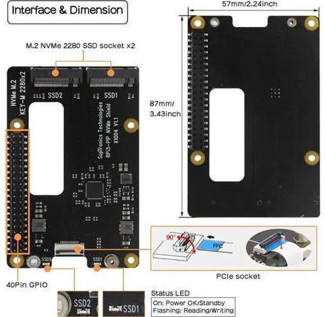 Alt view image 3 of 7 - X1004 PCIe to Dual M.2 HAT NVMe 2280 SSD PCIe Peripheral Board for Raspberry Pi 5