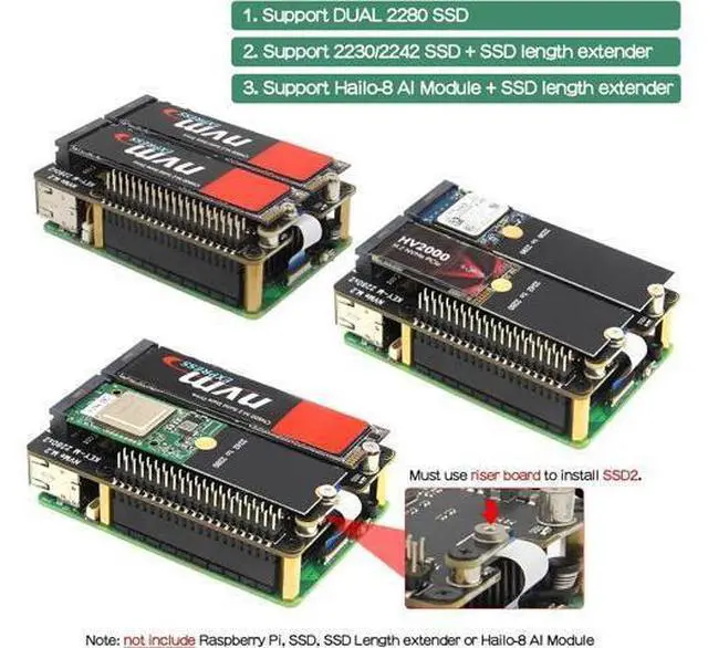 Alt view image 5 of 7 - X1004 PCIe to Dual M.2 HAT NVMe 2280 SSD PCIe Peripheral Board for Raspberry Pi 5