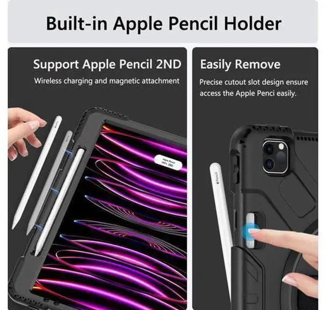 Alt view image 3 of 7 - Case for iPad Pro 12.9 Case 2022/2021: Military Grade Heavy Duty Shockproof Cover for iPad Pro 12.9 Inch 6th/5th Generation- Pencil Holder - Rotating Stand - Hand/Shoulder Strap - Black