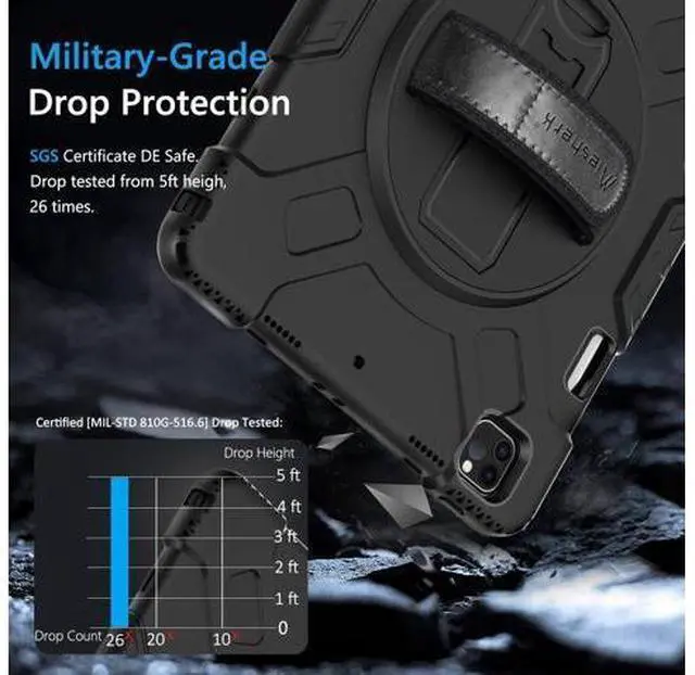 Alt view image 2 of 7 - Case for iPad Pro 12.9 Case 2022/2021: Military Grade Heavy Duty Shockproof Cover for iPad Pro 12.9 Inch 6th/5th Generation- Pencil Holder - Rotating Stand - Hand/Shoulder Strap - Black