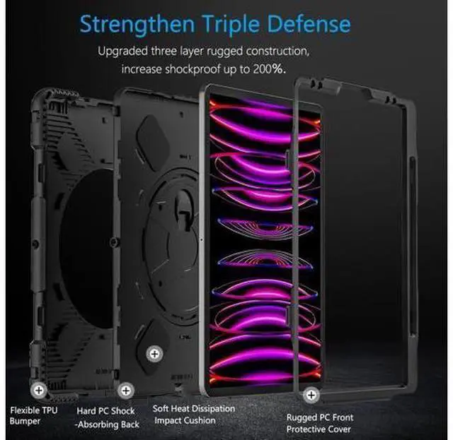 Alt view image 4 of 7 - Case for iPad Pro 12.9 Case 2022/2021: Military Grade Heavy Duty Shockproof Cover for iPad Pro 12.9 Inch 6th/5th Generation- Pencil Holder - Rotating Stand - Hand/Shoulder Strap - Black