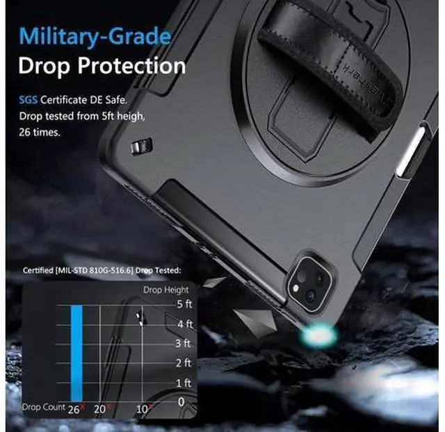 Alt view image 7 of 7 - Case for iPad Pro 12.9 Case 2022/2021: Military Grade Heavy Duty Shockproof Cover for iPad Pro 12.9 Inch 6th/5th Generation- Pencil Holder - Rotating Stand - Hand/Shoulder Strap - Black