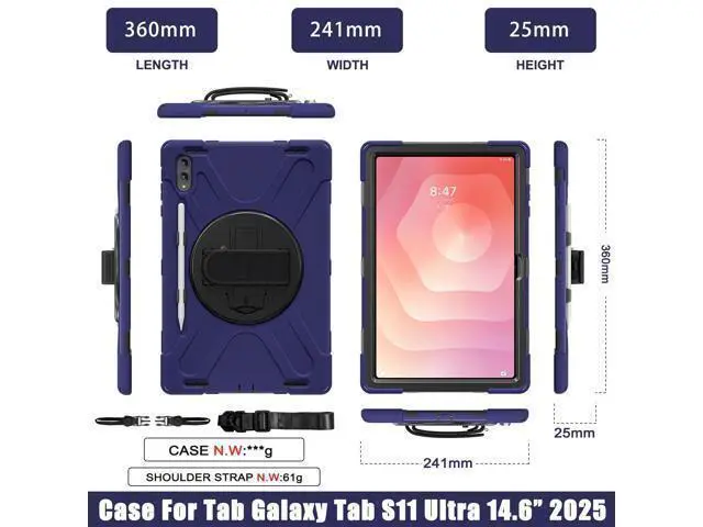 Alt view image 2 of 7 - Shockproof Protective Case for Galaxy Tab S11 Ultra 14.6 inch with Pen Slot,Hand Strap & Kickstand | Shoulder Strap | Black Rugged Cover | Hard Shell Design | Model# S11 Ultra Navy blue