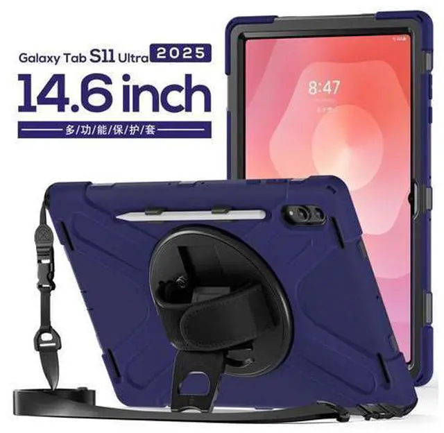 Main image of Shockproof Protective Case for Galaxy Tab S11 Ultra 14.6 inch with Pen Slot,Hand Strap & Kickstand | Shoulder Strap | Black Rugged Cover | Hard Shell Design | Model# S11 Ultra Navy blue