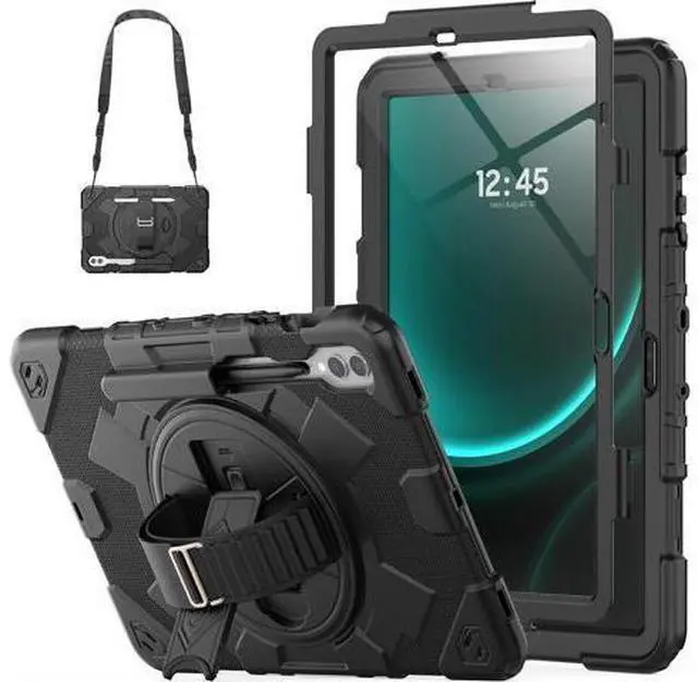 Main image of Case for Galaxy Tab S9 Fe + Case/Tab S9 Plus Case 12.4 inch Protective with Screen Protector/S Pen Holder/Rotating Hand Strap, Heavy Duty Galaxy S9 FE+ / S9+ Tablet Case - Black