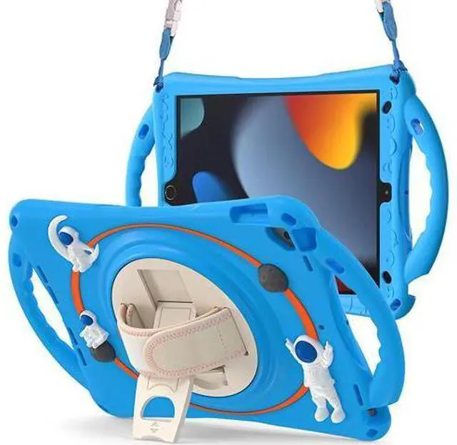 Main image of Kids Case for iPad 9th 8th 7th Generation 10.2'' 2021 2020 2019/iPad Air 10.5 /Pro 10.5, Shockproof Silicone Case with Stand Shoulder Strap Hand Strap Handle Grip Pencil Holder, Light Blue