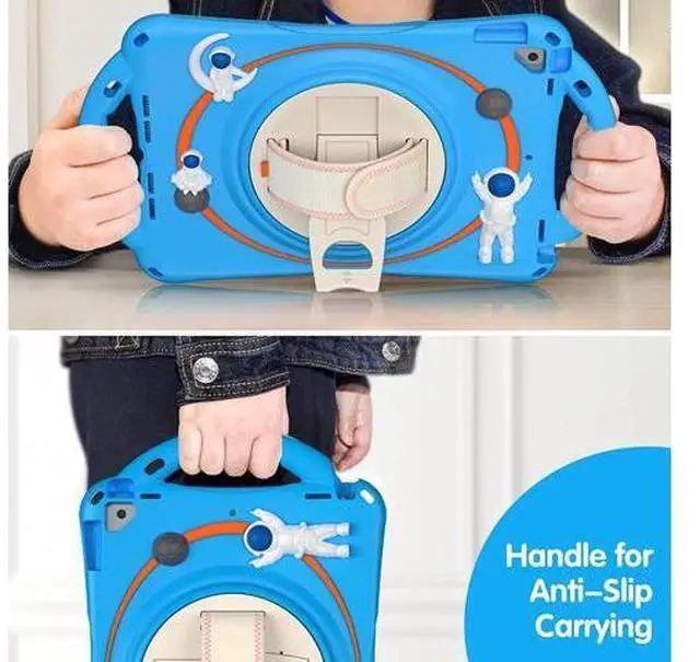 Alt view image 4 of 7 - Kids Case for iPad 9th 8th 7th Generation 10.2'' 2021 2020 2019/iPad Air 10.5 /Pro 10.5, Shockproof Silicone Case with Stand Shoulder Strap Hand Strap Handle Grip Pencil Holder, Light Blue