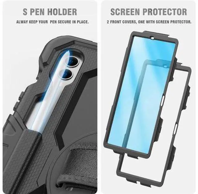 Alt view image 6 of 7 - Case for Galaxy Tab S9 Fe + Case/Tab S9 Plus Case 12.4 inch Protective with Screen Protector/S Pen Holder/Rotating Hand Strap, Heavy Duty Galaxy S9 FE+ / S9+ Tablet Case - Black