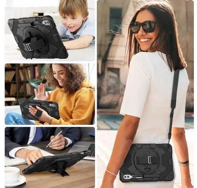 Alt view image 3 of 7 - Case for Galaxy Tab S9 Fe + Case/Tab S9 Plus Case 12.4 inch Protective with Screen Protector/S Pen Holder/Rotating Hand Strap, Heavy Duty Galaxy S9 FE+ / S9+ Tablet Case - Black