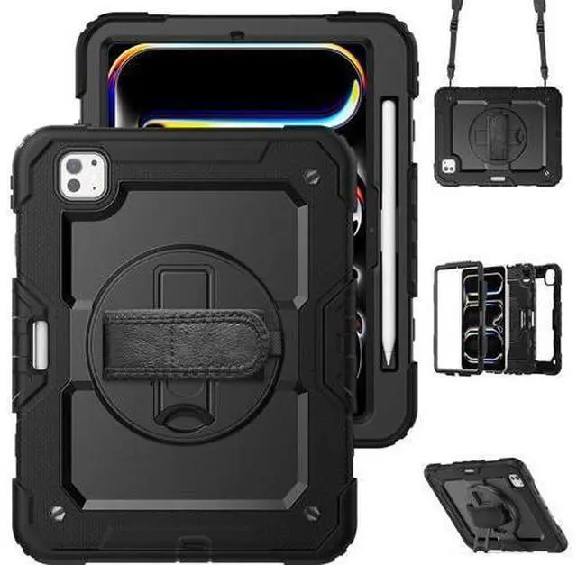 Main image of Case for 2024 iPad Pro 11-Inch M4 (2024, 5th Gen), 3 Layer Hybrid Shockproof Rugged Protective Case with 360° Rotating Stand - Hand Strap - Shoulder Strap - Pencil Holder,Black