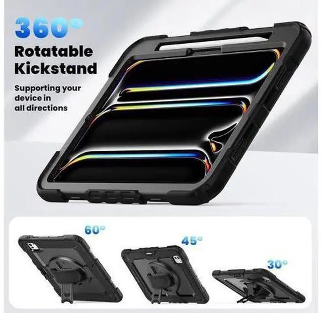 Alt view image 2 of 7 - Case for 2024 iPad Pro 11-Inch M4 (2024, 5th Gen), 3 Layer Hybrid Shockproof Rugged Protective Case with 360° Rotating Stand - Hand Strap - Shoulder Strap - Pencil Holder,Black