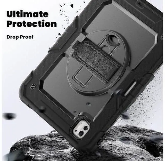 Alt view image 3 of 7 - Case for 2024 iPad Pro 11-Inch M4 (2024, 5th Gen), 3 Layer Hybrid Shockproof Rugged Protective Case with 360° Rotating Stand - Hand Strap - Shoulder Strap - Pencil Holder,Black