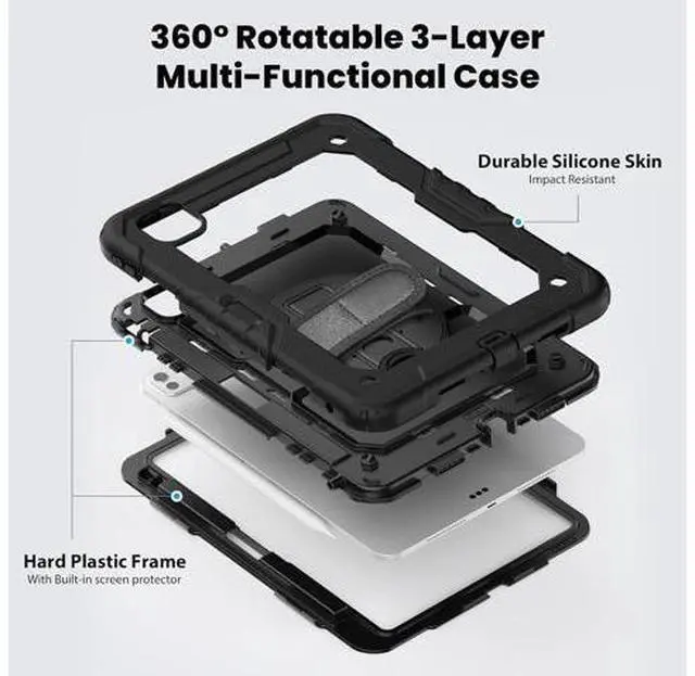 Alt view image 4 of 7 - Case for 2024 iPad Pro 11-Inch M4 (2024, 5th Gen), 3 Layer Hybrid Shockproof Rugged Protective Case with 360° Rotating Stand - Hand Strap - Shoulder Strap - Pencil Holder,Black